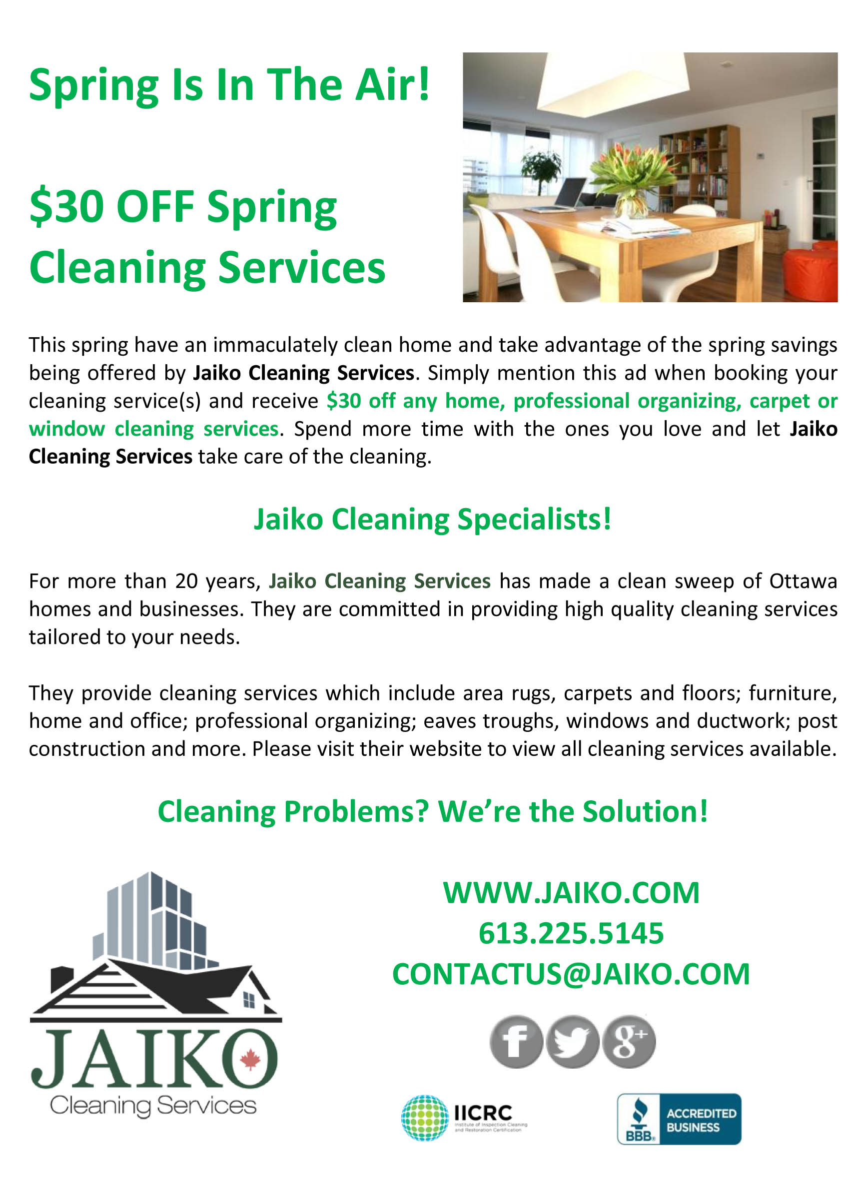 Spring cleaning special $30 OFF home, professional organizing, carpet or window cleaning services.