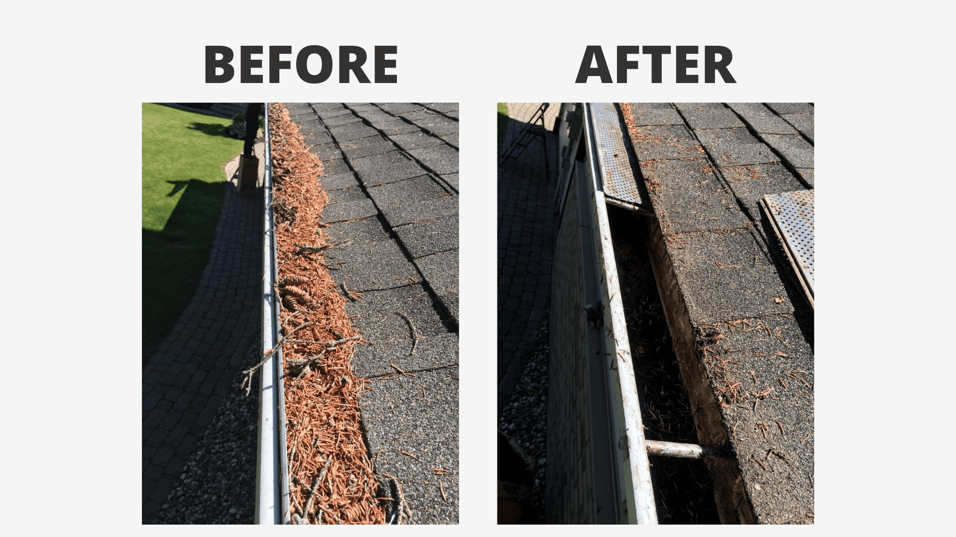 Gutter cleaning two images of a gutter before and after being cleaned