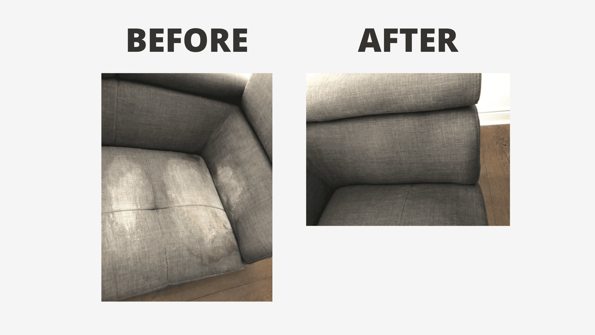 fire restoration image of a couch with a stain on it beside another image of the same couch without a stain