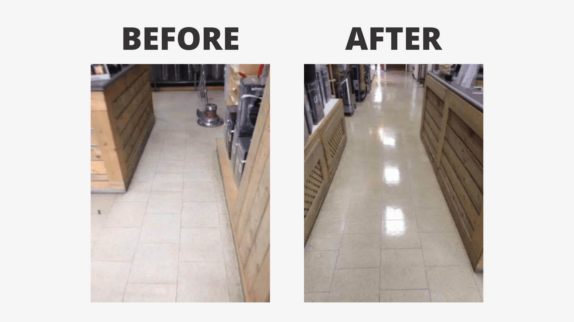 strip and wax white floor before and after being waxed